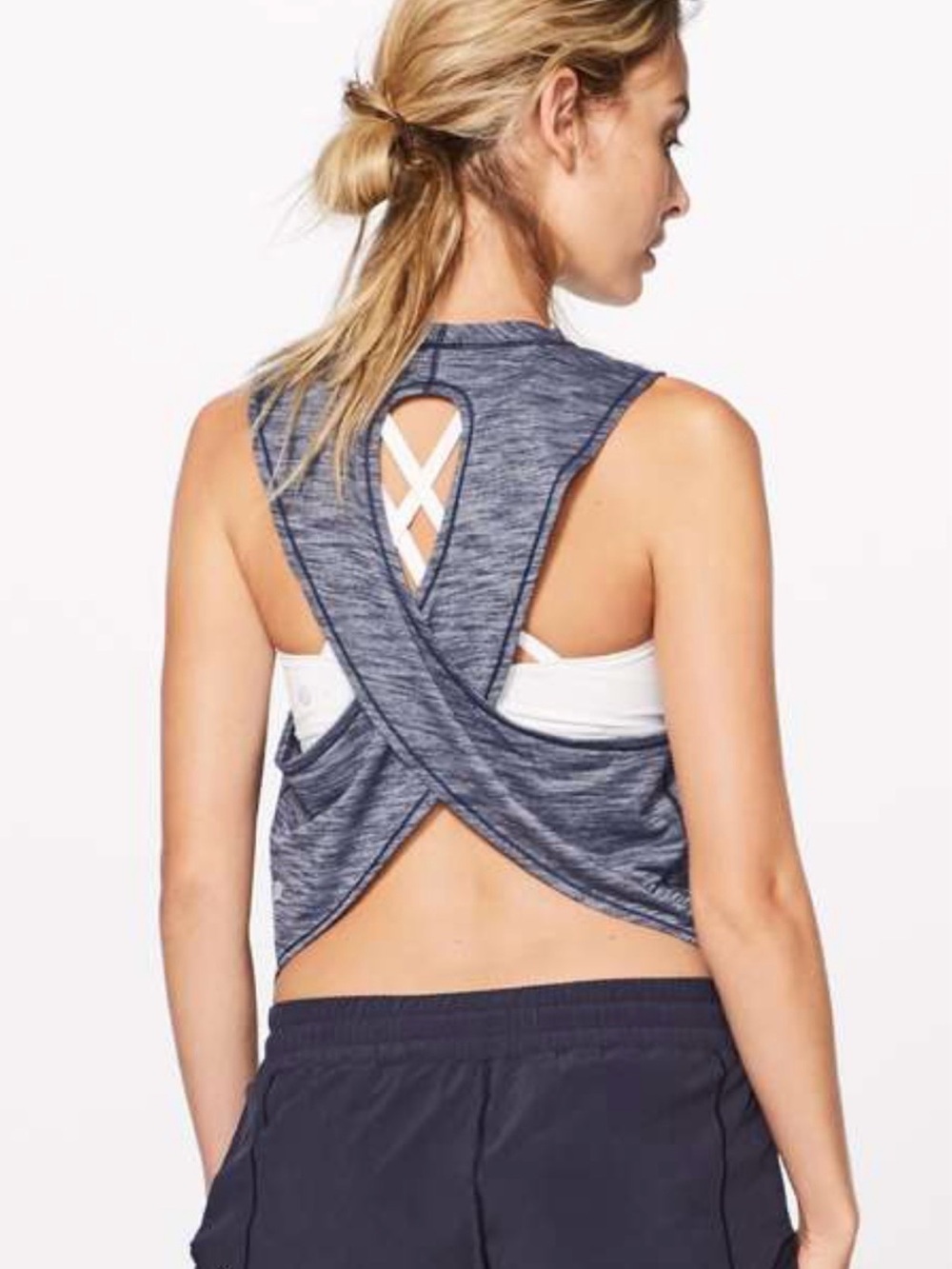 lululemon fast as light muscle tank heathered deep navy 4/6 criss cross keyhole
